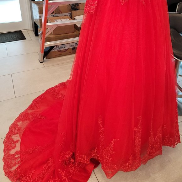 Hebeos Off The Shoulder Red Lace Wedding Dress - Picture 9 of 16